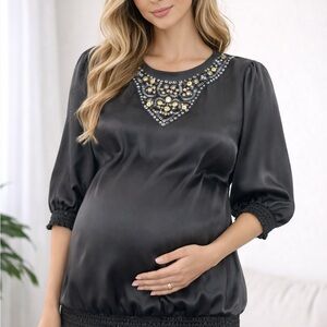 Motherhood Black Satin Maternity Blouse with Embellishments